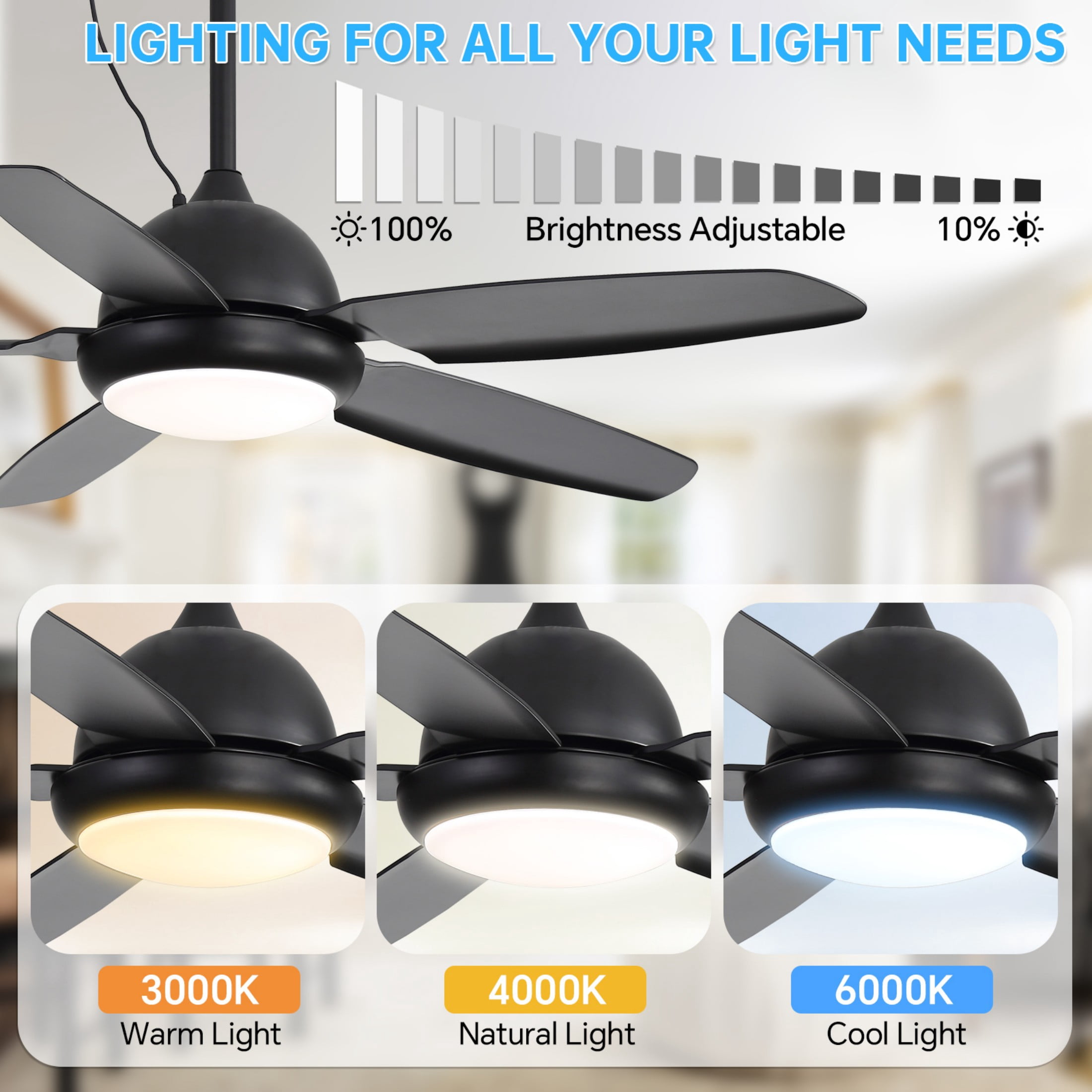 Sofucor 52" Modern Outdoor Ceiling Fan with Light and Remote Control 6-Speed DC Motor, 3 Color Temperatures, Weather-Resistant for Outdoor, Black