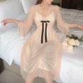 thumbnail image 2 of Camisones de seda satinada con tirantes finos para mujer, ropa de dormir de encaje, vestido dulce con lazo, lencería Sexy, camisón de malla para el hogar, 2 of 5