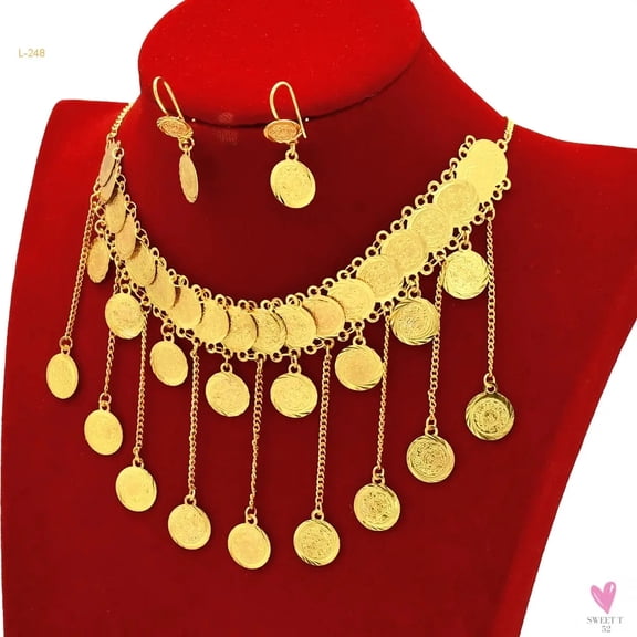 Luxury Gold Color Jewelry Sets - Dubai Fashion Coin With Tassel Design Necklace/Earring Set, Charming Wedding Gift