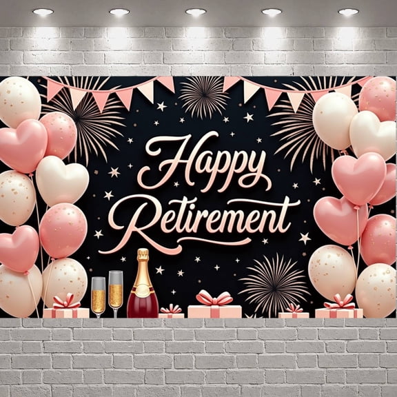 Pink Theme Happy Retirement Banner Gold Decor Retirement Party Display Balloon Arrangement Gift Box Design Festive Backdrop for Retirement Party Indoor Decoration Photo Backdrop