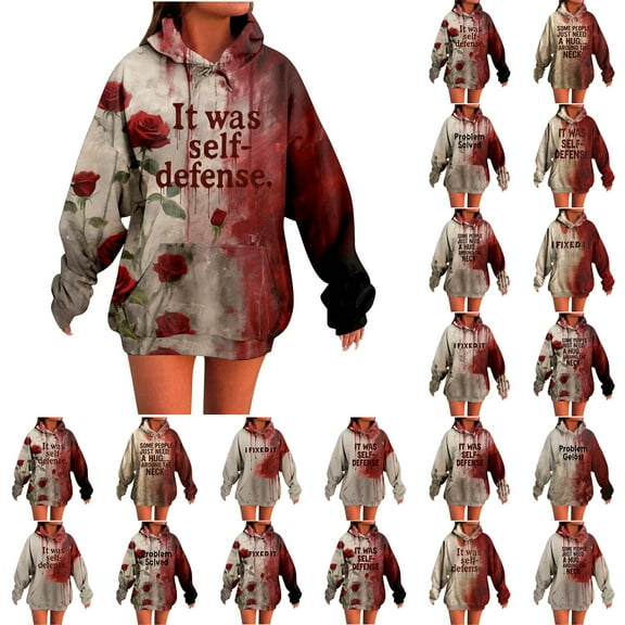 yoeyez Women Halloween Hoodie Sweatshirt Problem Solved Hoodies Fashion Bloody Sweatshirts Oversized Long sleeve Hooded Pullover Tops Wine,S