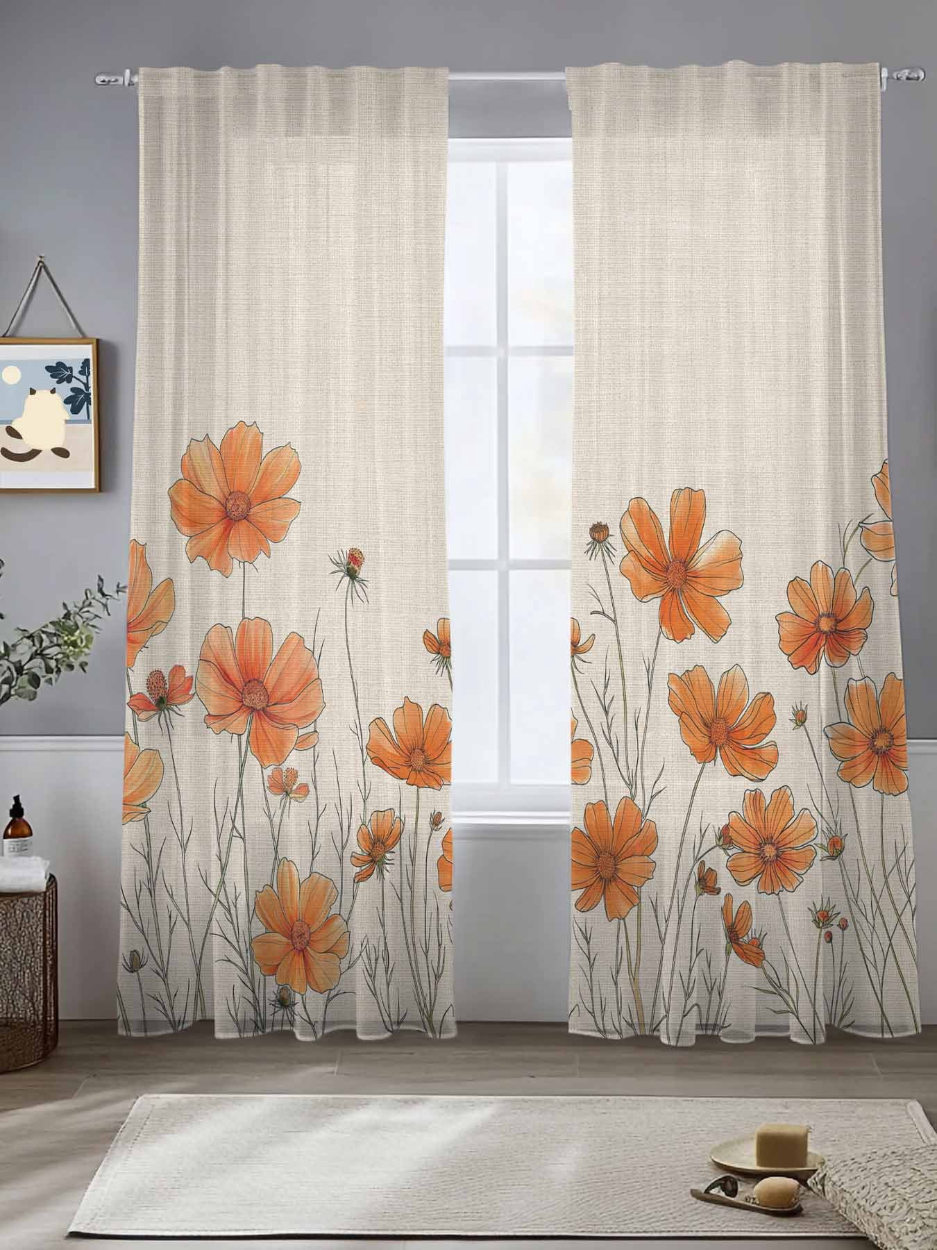 Orange Floral Sheer Curtains 84 inches Long 2 Panels Set Minimalism Watercolor Chrysanthemum Linen Tiers Sheers Rod Pocket Small Window Short Curtains for Kitchen Cafe, Each 52" W x 84" L