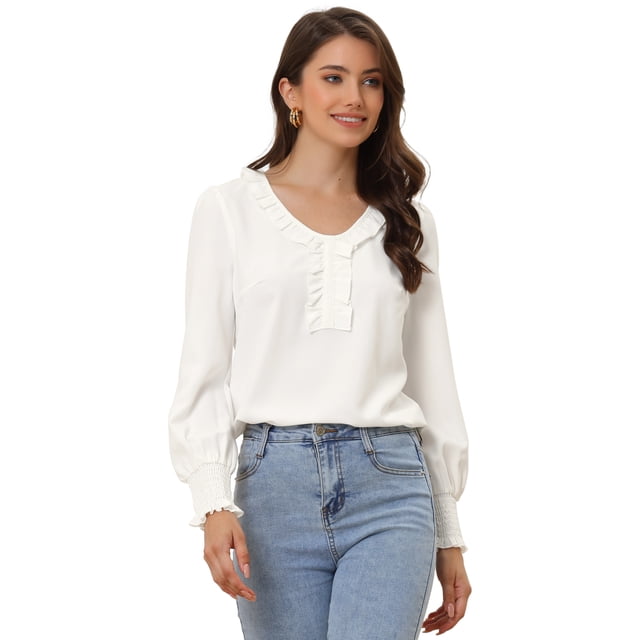Blusa Informal Allegra K con Cuello En V y Volantes para Mujer blanco XS