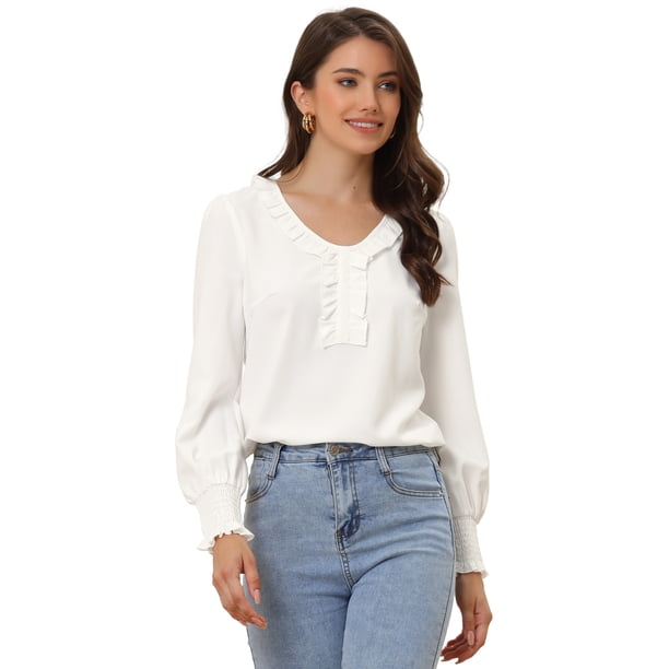 Blusa Informal de Manga Larga con Cuello En V y Volantes para Mujer Allegra K Blanco M