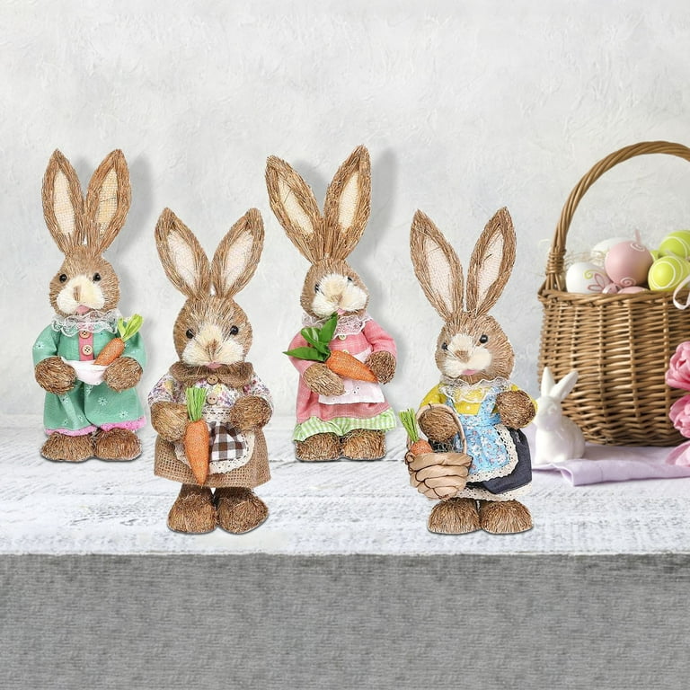 æ— Set of 2 Standing Bunny WBasket and Carrot, Easter Straw Bunny Figurine  for Farmhouse Home Easter Festival Decor, 4.33 x 13.99 Inch