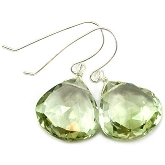 Sterling Silver Prasiolite Earrings Green Faceted Large Heart Teardrop Briolettes for Adult Women