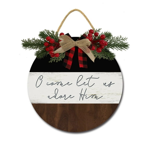 O Come Let Us Adore Him Front Door Sign Funny Wreaths Hanging Wooden Plaque Decoration Round Rustic Wood Farmhouse Porch Decor for Home Front Door Decor, 12 x 12 Inch