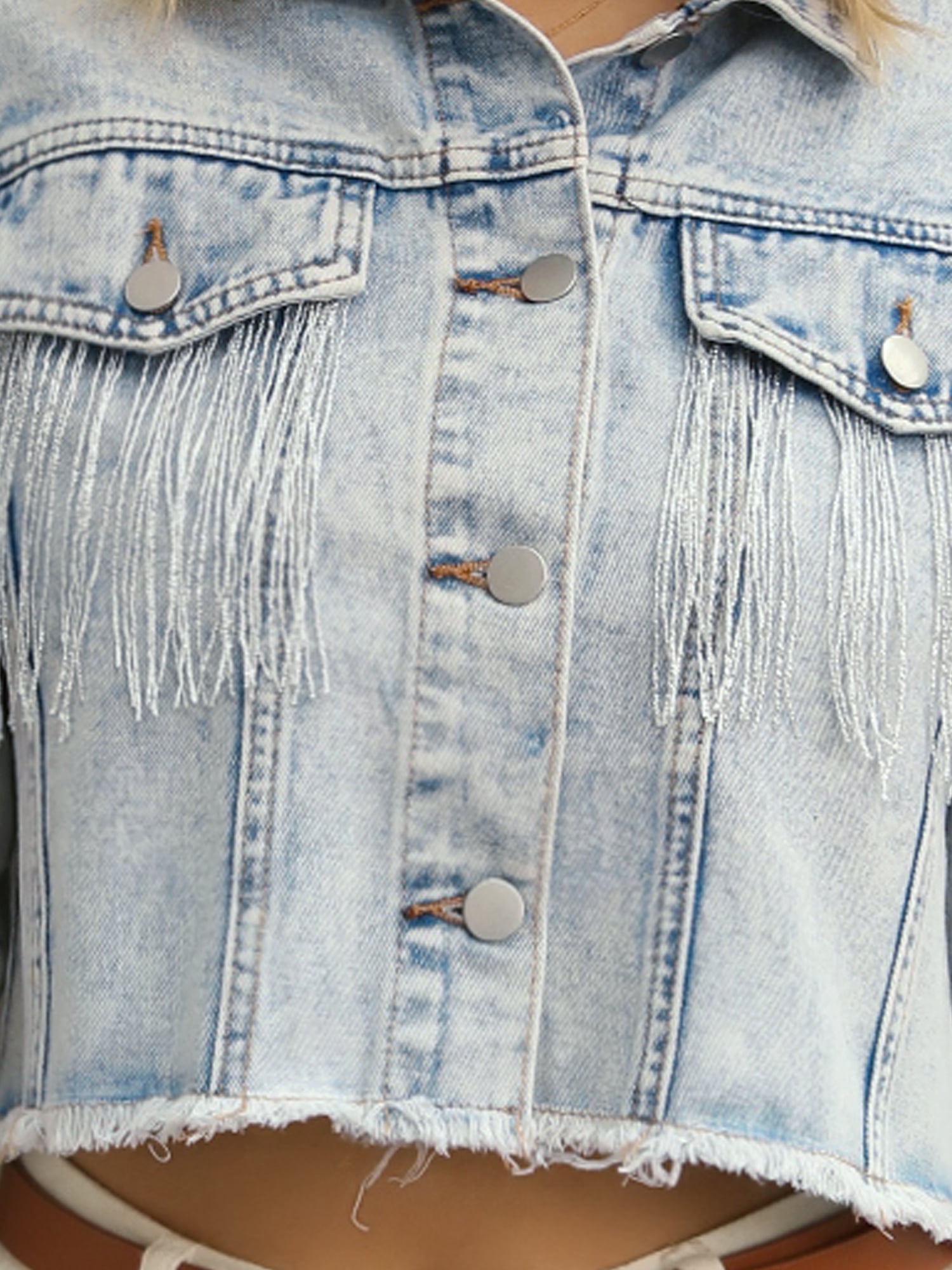 DARING DIVA Women's Cropped Jean Long Sleeve Frayed Tassel Fringe Denim Jacket XL Light Blue