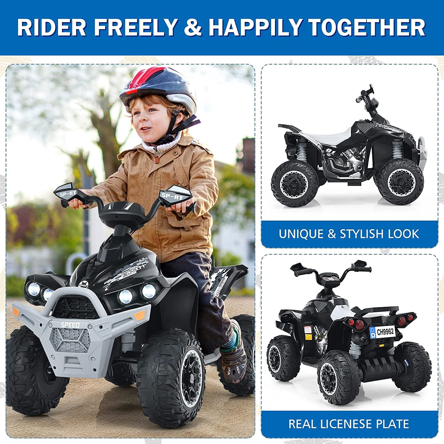 OLAKIDS Kids Ride on ATV, 12V 4 Wheeler Quad Toy Vehicle with Music, Horn, High Low Speeds, LED Lights, Electric Ride On Toy, Battery Powered Wheels Car for Children Over 3 Years Old (Black)