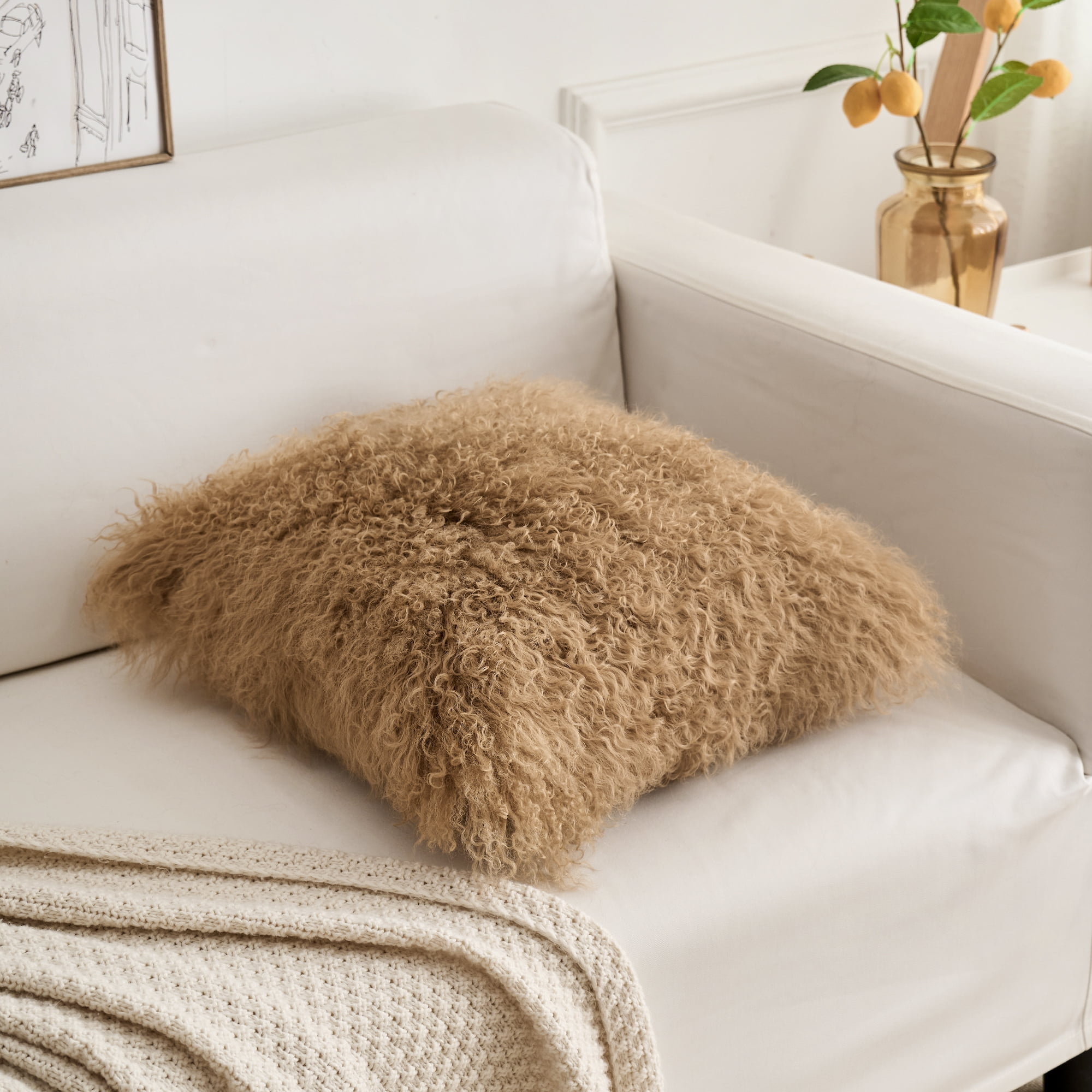 Firesidefur Lamb Fur Pillow Cover - 16"x16", Beige