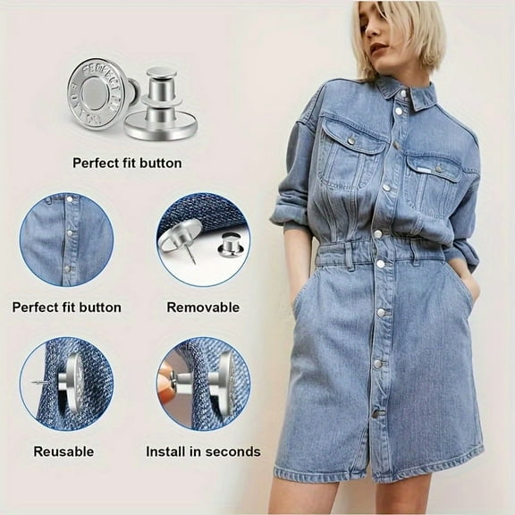 6pcs Silvery Jeans Button Set – No-Sew Reusable Waist Adjusters for Pants, Skirts & Denim, Instant Fit