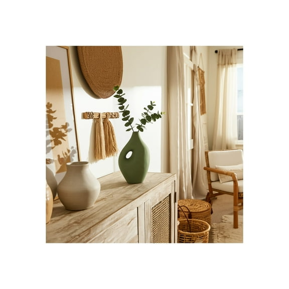 Modern Boho Ceramic Vase - Unique Hollow Design - Stoneware Decorative Accent for Home, Office, Bedroom, Living Room - 12" Green