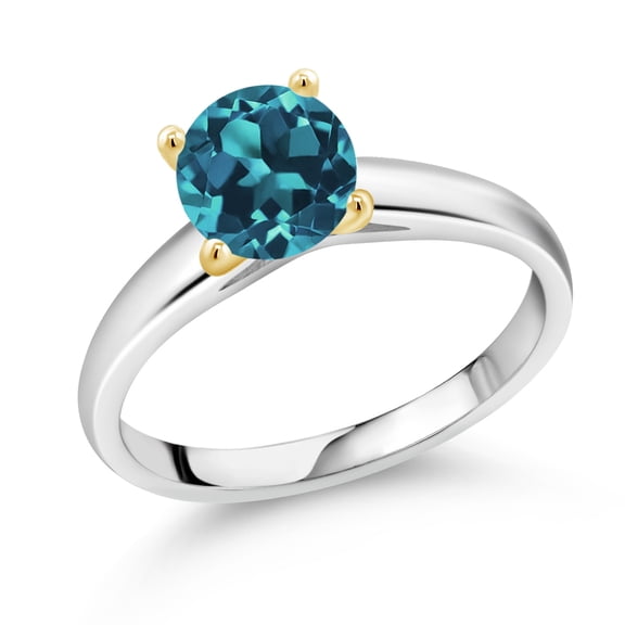 Gem Stone King 1.70 Ct 7mm Round London Blue Topaz 10K White and Yellow Gold Ring Ring (Size 6)