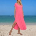 thumbnail image 2 of Amzcrzy Womens Dresses with Pockets Casual Solid Color V Neck Maxi Dresses Fashion Short Sleeve Ankle Length Beach Summer Dresses Versatile Flowy Side Split T Shirt Dress XL, 2 of 6