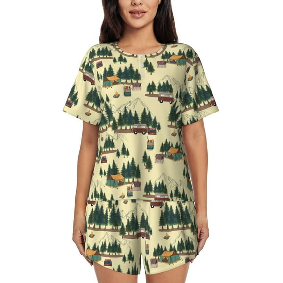 Logiee Camping Caravan 1 Print Womens Pajamas Set,Short-Sleeve Pajama 2 Piece Sleepwear with Pockets-Small