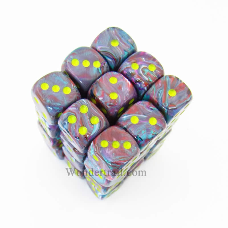 Multicolored Dice 12mm Chx ~Festive Mosaic w/Yellow Pips~ 6 Each Small Size 