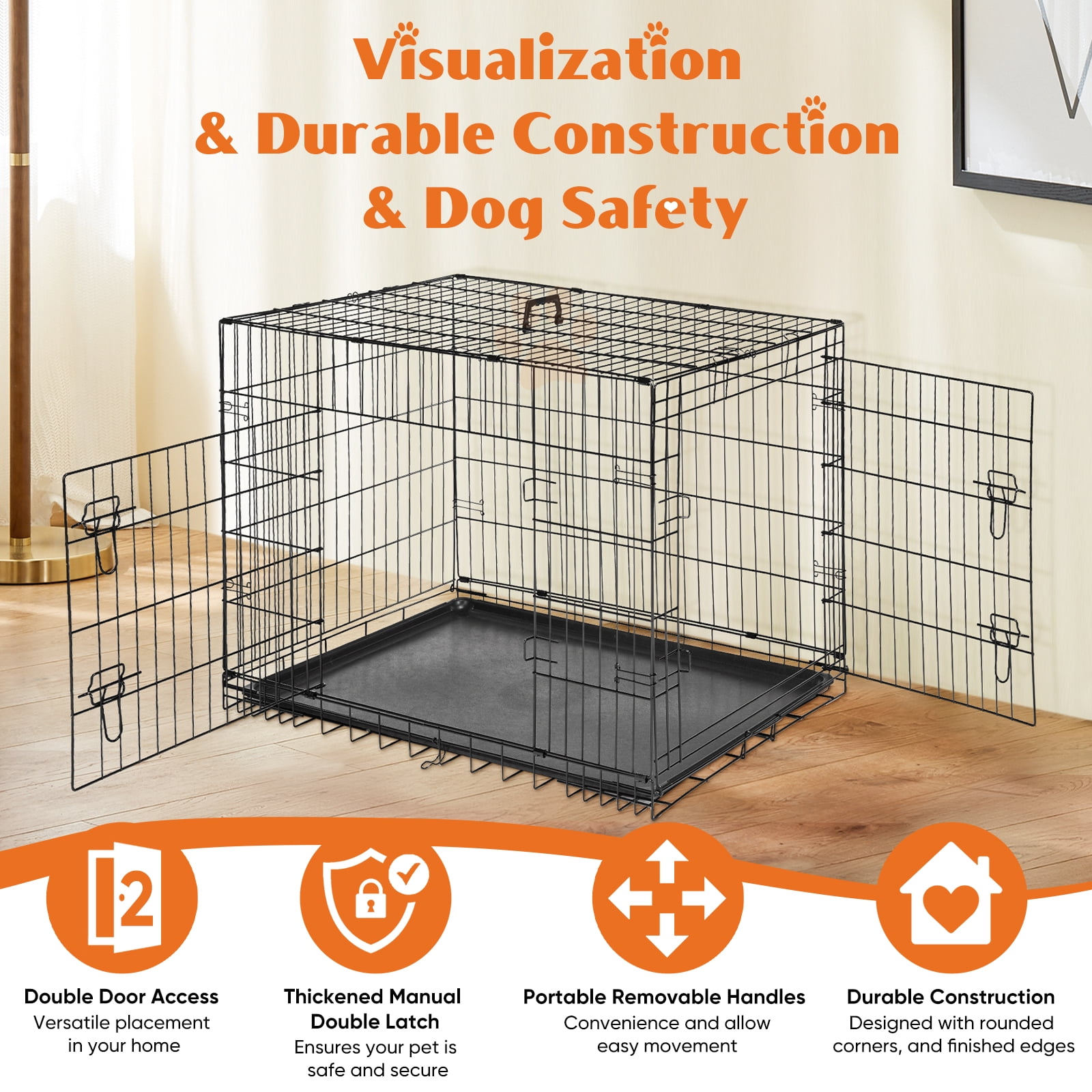 EverPick Dog Crate with Double Doors - 48 Inch Extra Large Foldable Metal Pet Cage, Portable Kennel with Divider Panel & Removable Tray for Medium/Large Dogs - Indoor & Outdoor Use
