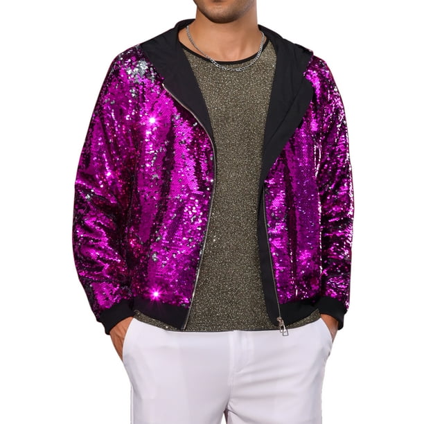 Chaqueta de lentejuelas INSPIRE CHIC para hombres, de manga larga, con cremallera, chaqueta con lentejuelas brillantes metálicas, color morado
