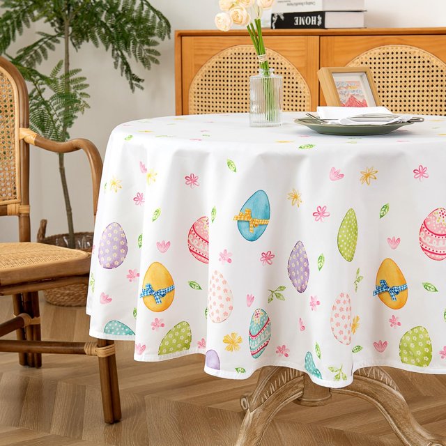 Easter Tablecloth Round 60 Inch, Waterproof Egg Themed Table Cloth, Washable Table Cover for Holiday Dinner Party Decoration
