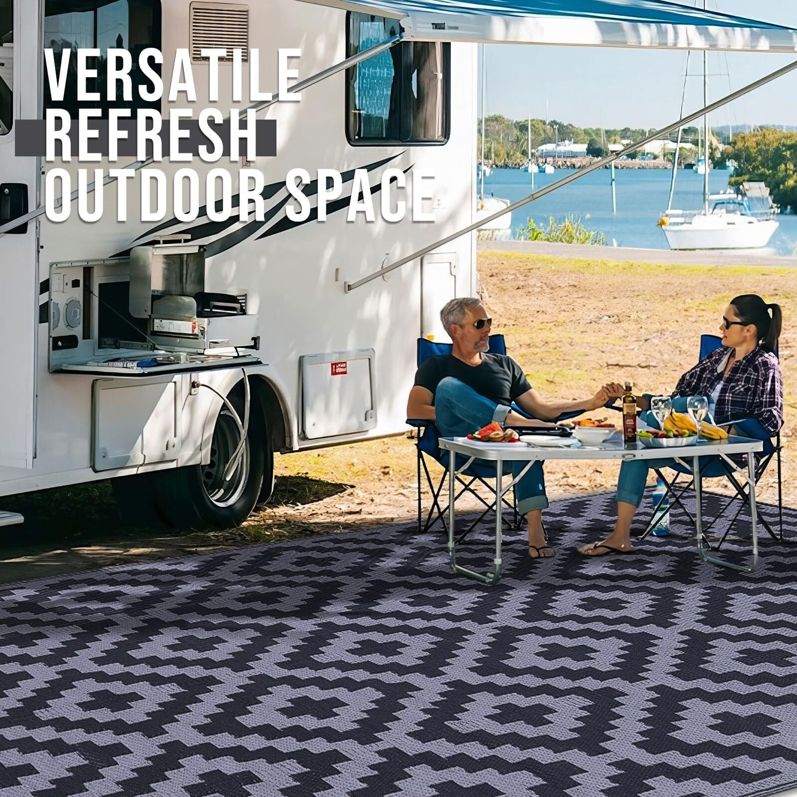 Waterproof Outdoor Rug 5x8 ft, Reversible Plastic Straw Patio Rug for Camping, RV Mat Outside, Indoor Outdoor Carpet for Porch, Deck, Backyard, Camper, Balcony, Picnic, Black & White