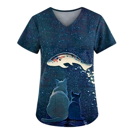 

Shirts for Women Womens Tops Dressy Casual Fashion Women Short Sleeve V-Neck Printed Tops Womens Working Uniform Blouse Off The Shoulder Tops for Women Savings Clearance Tube Tops Blue XL