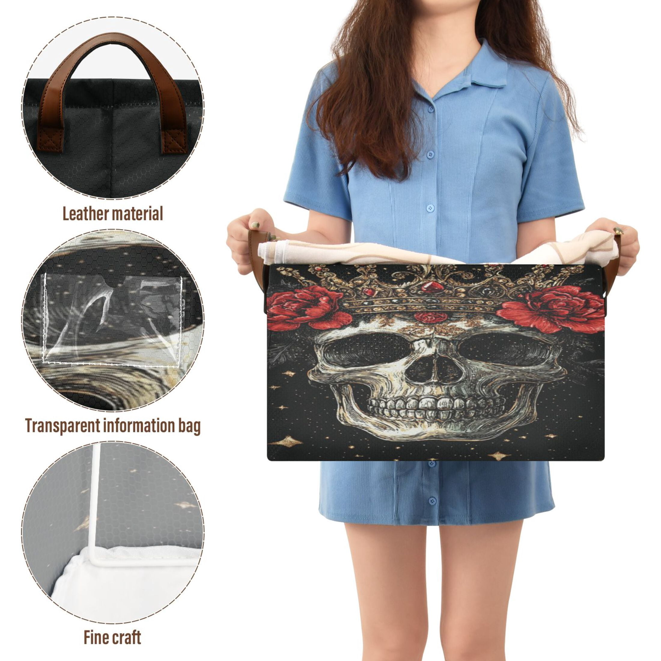 WOBOGO Crown Skull Black Pattern Storage Basket 16.9×11.4×10in Collapsible Oversized with Metal Iron Frame Set of 1