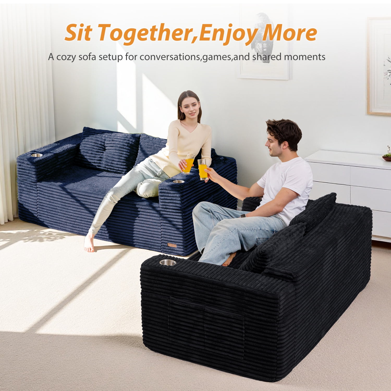 BYBYME 63" Corduroy Cloud Floor Sofa,Modular Comfy Small Cloud Couch for Small Spaces,Boneless Sofa for Living Room,No Assembly,Loveseat,Black