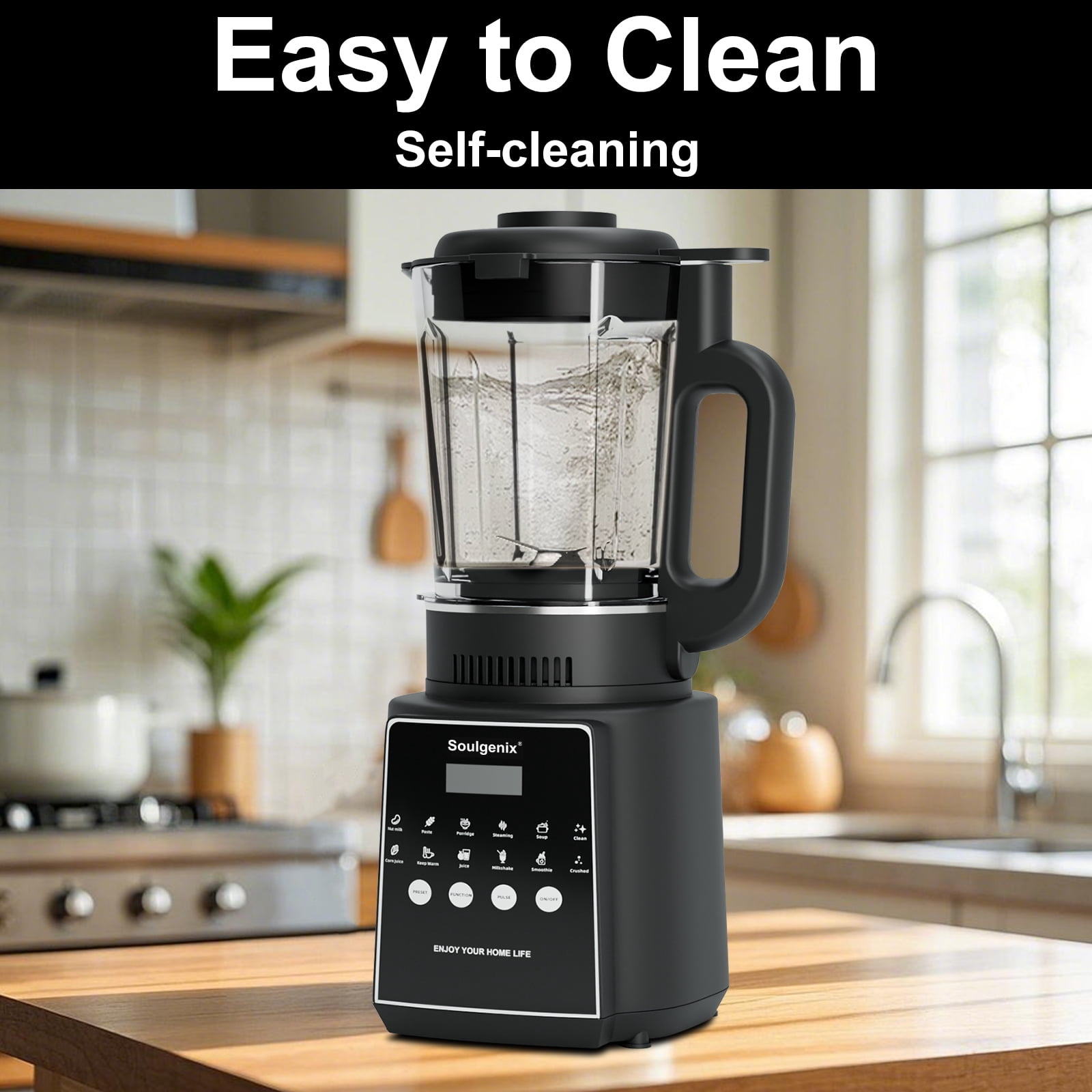 Soulgenix Blender for Smoothies, 50 oz Countertop Blender with Milkshake, Juice, Crush Ice and Pulse, 1200W Peak Watts, PowerCrush Food Processor with Self-Cleaning, Stainless Steel Blade, Black