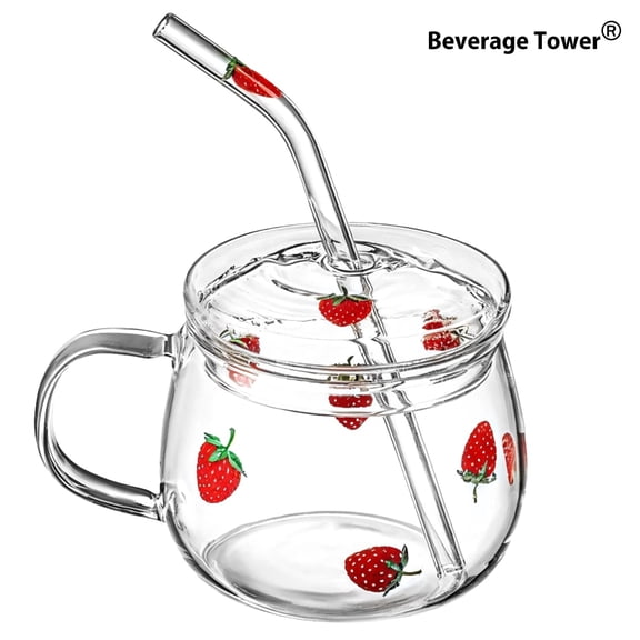 Glass Tumbler with Strawberry Pattern 16 oz, Cold Drink Cup with Lid and Straw, Heat Resistant Clear Juice Glass, Cute Fruit Design Drinking Cup for Summer Beverages