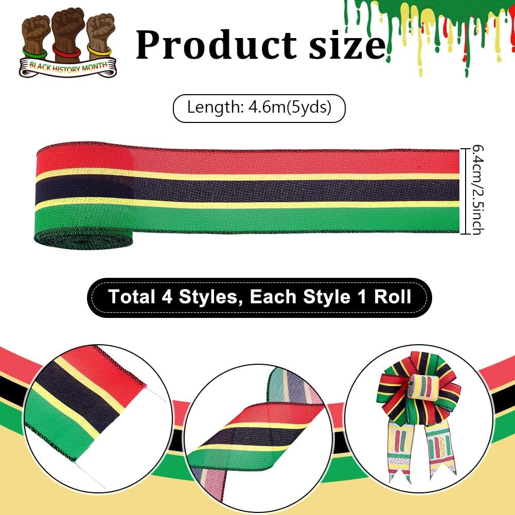 PH 20 Yards 4 Styles Kwanzaa Ribbon Black History Ribbon African American Kwanzaa Wreath Bows for Front Door Kwanzaa Party Decor Indoor Outdoor Wall Tree Topper Ornament 64mm Multi-color