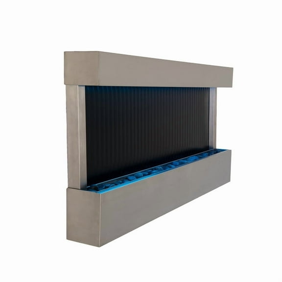 47" Indoor Wall-Mounted Waterfall Mirror Fountain – LED Lighted Silver Metal Décor with Rock Base by