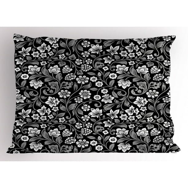 Black and Grey Pillow Sham, Continuous Floral Pattern with Berries and