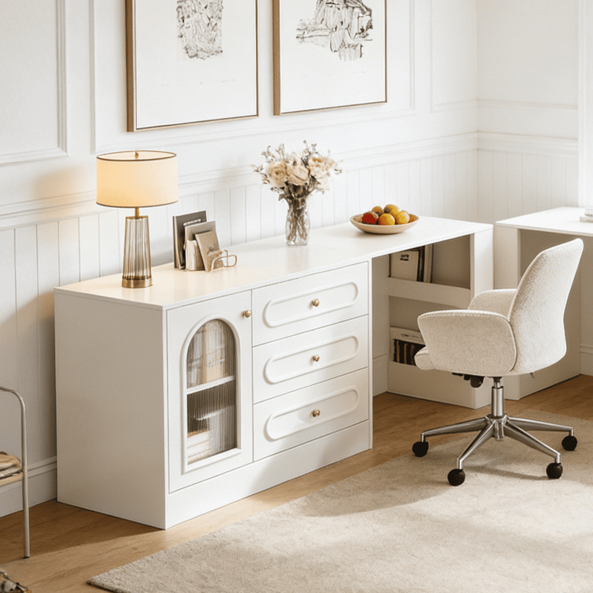 Fnova Rotatable L-Shaped Computer Desk with 3 Drawers, Cabinet, Reversible Corner Design with Adjustable Shelves, Home Office Workstation Writing Table for Bedroom