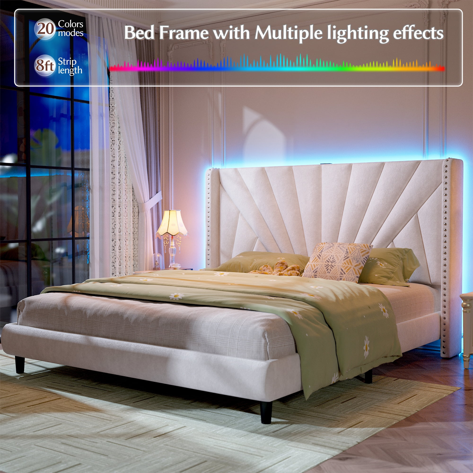 EnHomee King Bed Frame with 51"Tall Headboard Upholstered King Size Platform Bed Frame with LED Lights & Charge Station, Beige, No Box Spring Needed, Noise Free