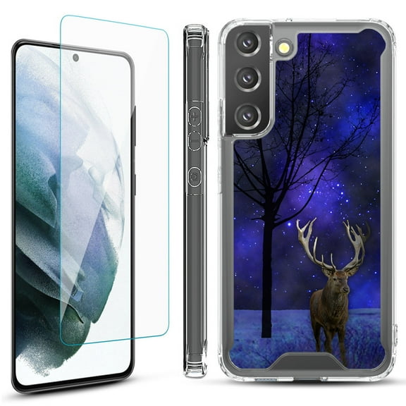 Shockproof Bumper Phone Case for Samsung Galaxy S22  / S22 Plus 5G, with Tempered Glass Screen Protector, by OneToughShield ® - Midnight Deer