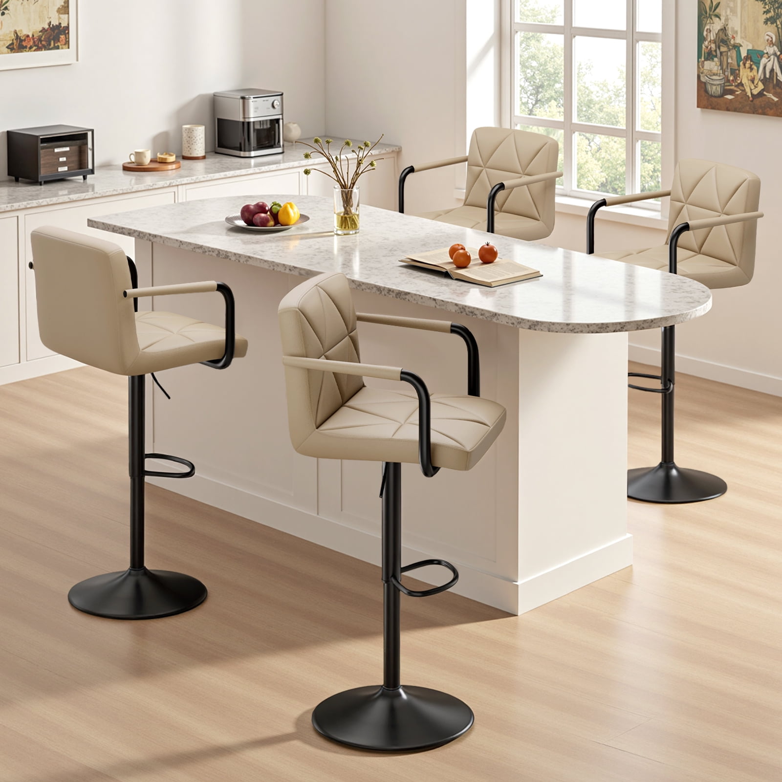 Daluvenix Bar Stools Set of 2， PU Leather Adjustable Swivel Barstools，Hydraulic Counter Height Bar Chairs with Armrest Back for Kitchen Island，Khaki