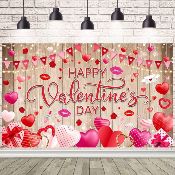 Happy Valentine's Day Backdrop Rustic Wood Red Love Heart Valentine's Day Photography Background Bridal Shower Wedding Party Decorations Banner Supplies Photo Booth Props