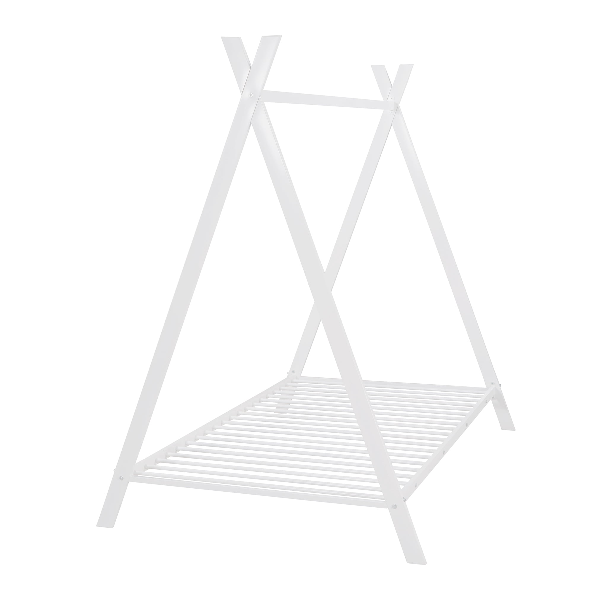 Gewnee Twin Size Metal Tent Bed Floor House Bed with with x-Shaped Frame for Kids,White