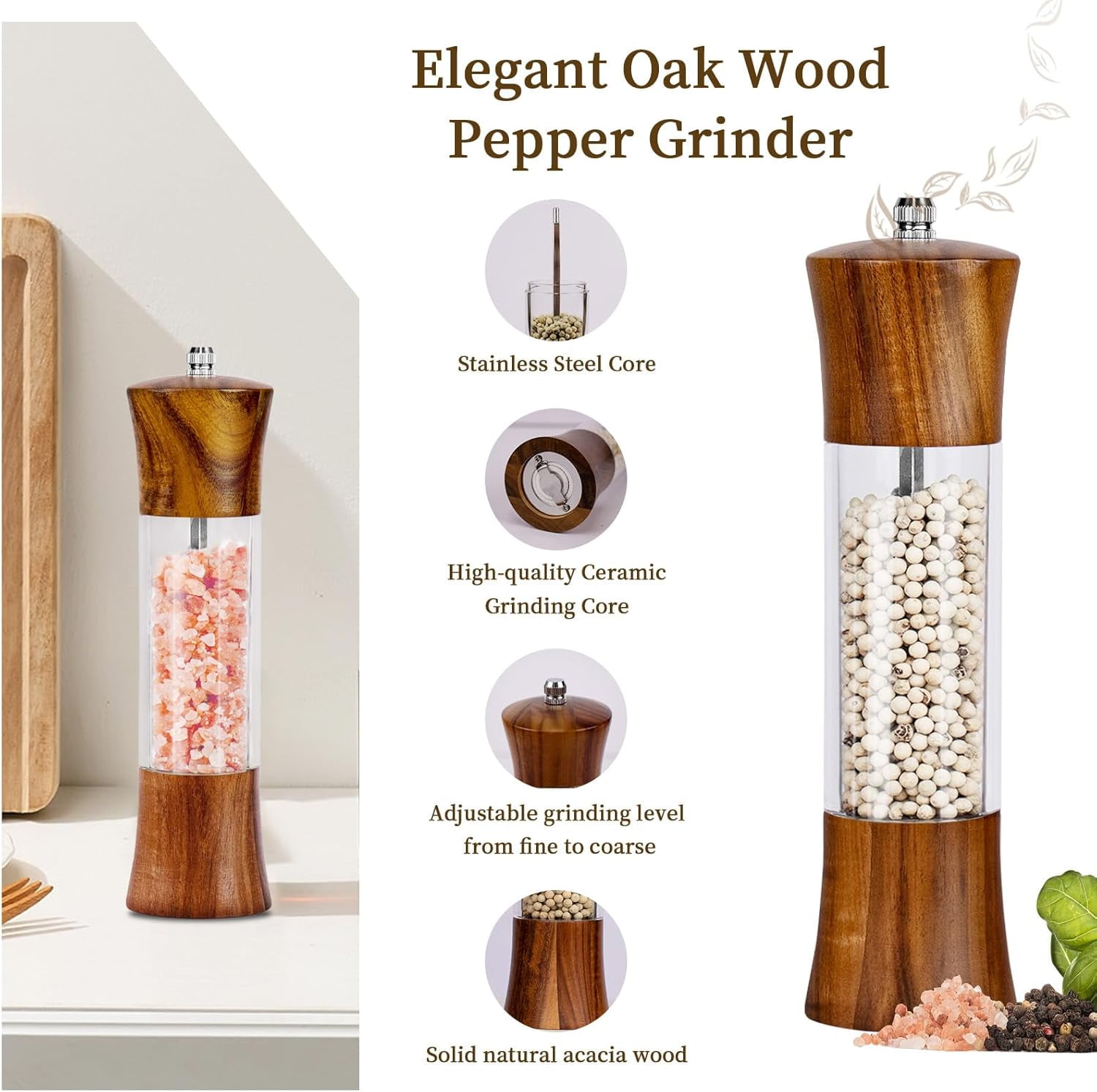 Acacia Wood Premium Acrylic Salt Grinder and Pepper Grinder Set 8 Inches Salt and Pepper Mill Set, Manual Salt and Pepper Mills- Wooden Shakers with Adjustable Ceramic Core 2 Pack