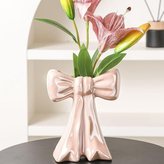 Dazzling Pink Ceramic Bow Vase for Centerpieces Minimalist Farmhouse Flowers Vase Flower Modern Home Decor Vase Cute Decorative Vase for Table Bathroom Shelf Pen Holder Makeup Brush Holder