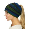C.C BeanieTail Soft Stretch Cable Knit Messy High Bun Ponytail Beanie Hat, Teal Tribal Blend