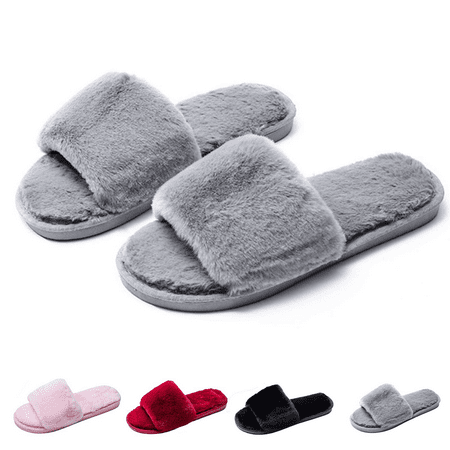 

Fuzzy Fluffy Slides Fur House Slippers for Women Slip On Memory Foam Sandals Slippers Open Toe Slippers Women Flat Spa Slides Slippers House Shoes with Anti-Skid Rubber Sole