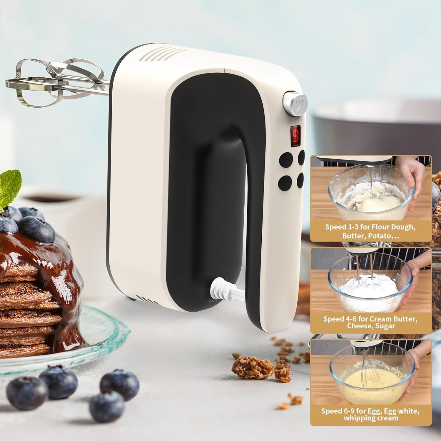 400W DC Motor Digital Hand Mixer with Storage Case, 5 Stainless Steel Accessories including Beaters, Dough Hooks and Whisk