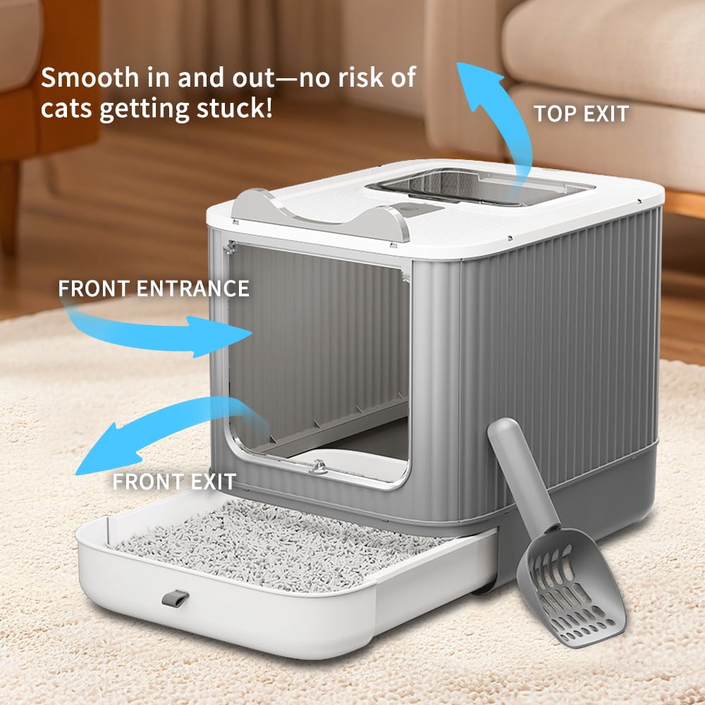Fully Enclosed Cat Litter Box + Mat, 3-Stage Adjustable Covered Litter Box for Kittens to Adult Cats, Anti-Splash, Odor Control, White