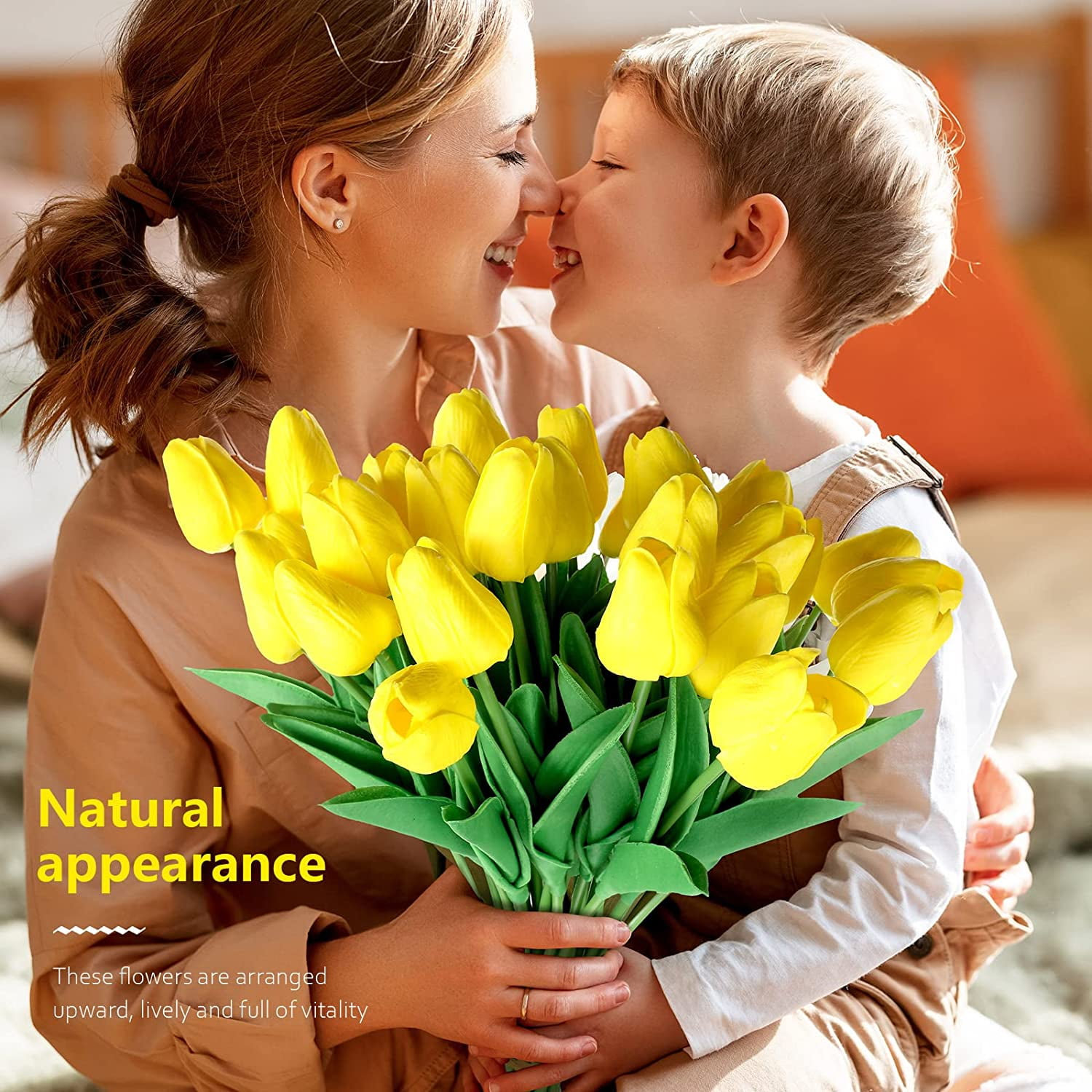 50 Pcs Tulips Artificial Tulips Flowers PU Fake Tulips 13 Inch Faux Flowers Cemetery Flowers for Easter Spring Home Room Office Party Wedding Decoration Bouquet Centerpiece (Yellow)