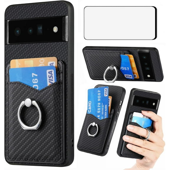 Phone Case for Google Pixel 6 Pro Wallet Cover with Tempered Glass Screen Protector Slim Ring Stand Credit Card Holder Magnetic Cell Accessories Pixel6Pro Pixel6 XL 6XL Pixle 6Pro 5G Women Men Black
