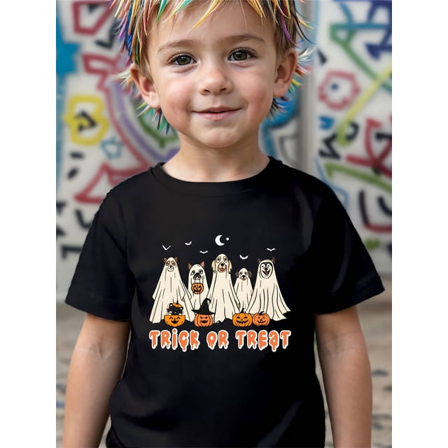 Boys' Halloween T-Shirt - Trick or Treat Graphic Tee with Ghosts, Pumpkins & Black Cat - Soft Round Neck Shirt for Trick-or-Treating, Parties, everyday - Toddler & Kids Casual Top