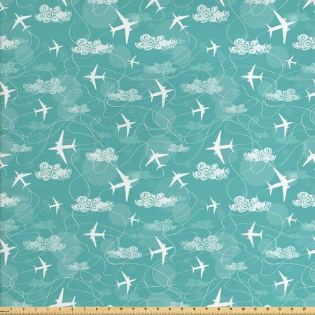 Airplane Fabric by The Yard, Disoriented Flying Jets in Clear Sky with Curly Clouds Travel Vacation Theme, Decorative Fabric for Upholstery and Home Accents, by