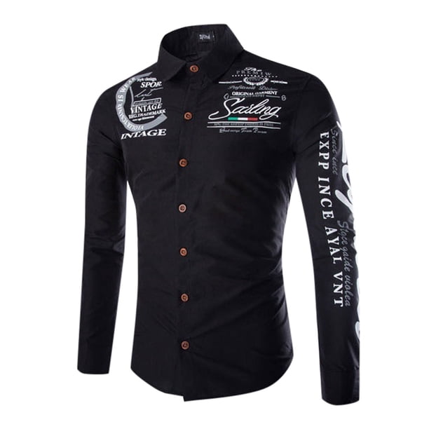 Camisas Para Hombre Camisa vaquera occidental para hombre con letras, manga larga, corte entallado, informal, de poliéster, con botones, estilo hippie, cuello (Black, XXL)