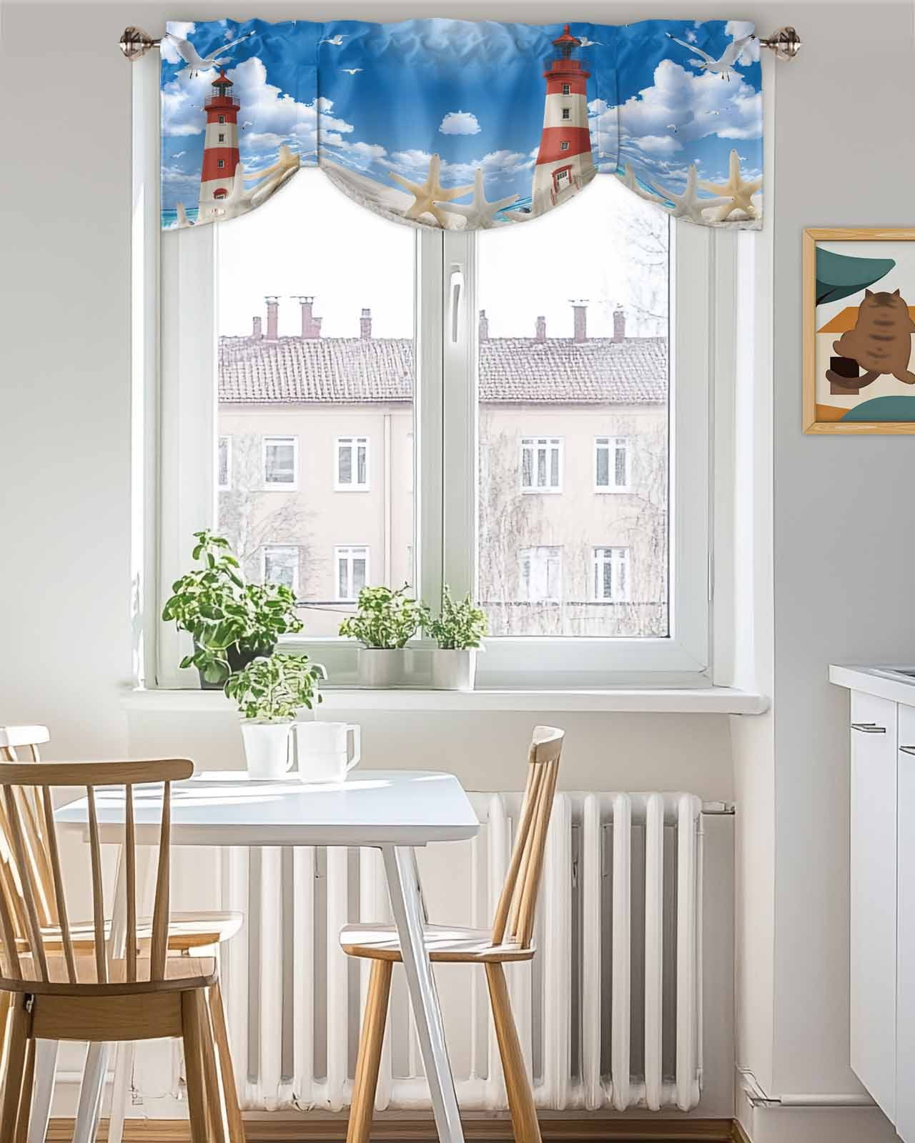 Lighthouse Seagull Tie Up Valances Curtain, Adjustable Kitchen Starfish Summer Beach Sandy Valances for Windows Decor, Rod Pocket Short Curtains Set for Bedroom/Bathroom, 54"x18"
